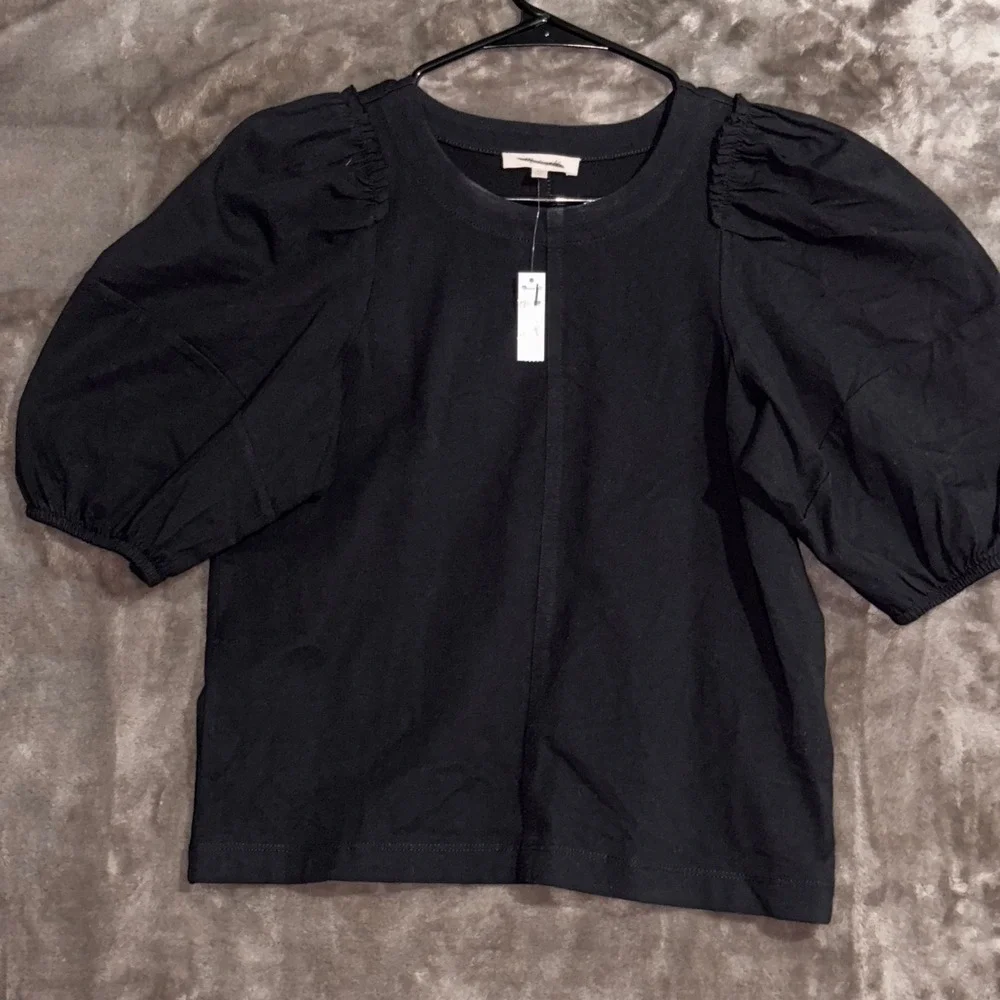 Madewell Womens XS Black Puff Sleeve Crew Neck Cotton Blend Top‎ Blouse